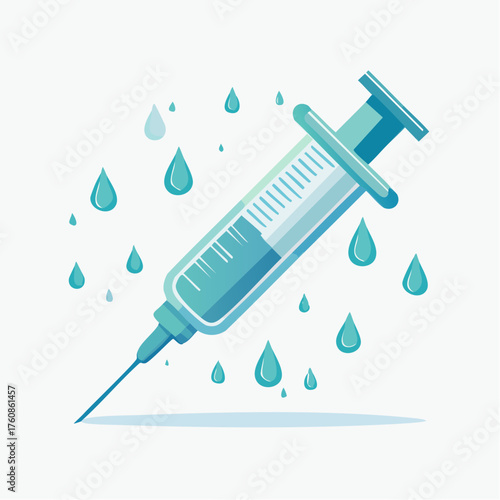 Stylized medical syringe illustration with floating liquid droplets design