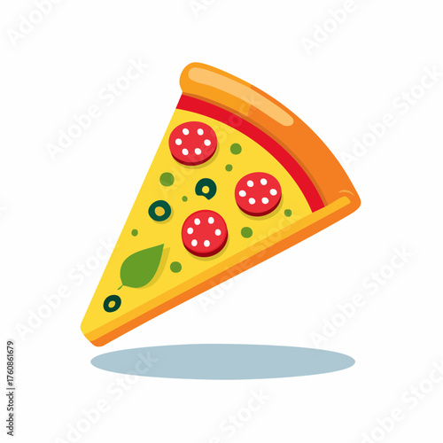 Stylized pizza slice illustration with vibrant toppings and cheesy crust design