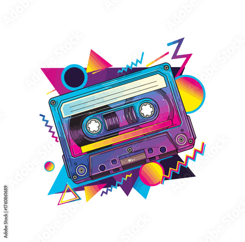 Retro 80s Neon T-Shirt Vector Design – Cassette Tape, Geometric Shapes, Gradient Colors, Bold Nostalgic Illustration for Fashion