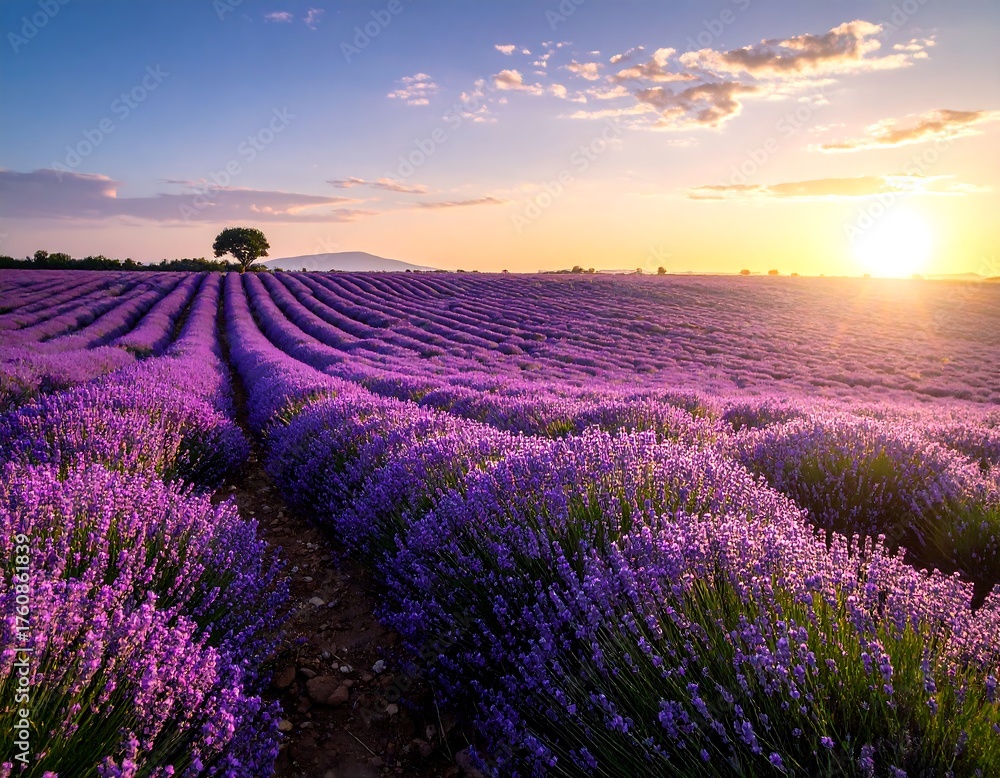 Naklejka premium Lavender Field at Sunset - A Serene Landscape of Provence.