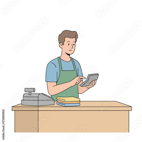 Retail Worker Calculating on Calculator at Counter with Cash Register Keywords: retail worker, cashier, shop assistant, man, calculator, cash register, counter, folded clothes, towels, calculation