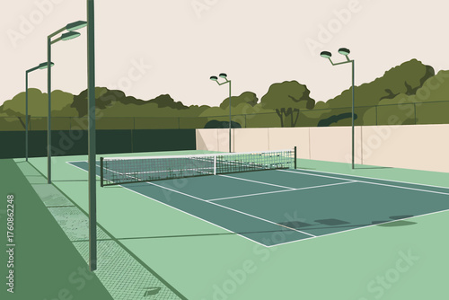 Vector art of scenic golf course with green grass, trees, and blue sky on a sunny day