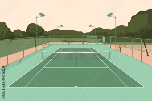 Vector art of golf course with a red flag and a golf ball on a sunny day