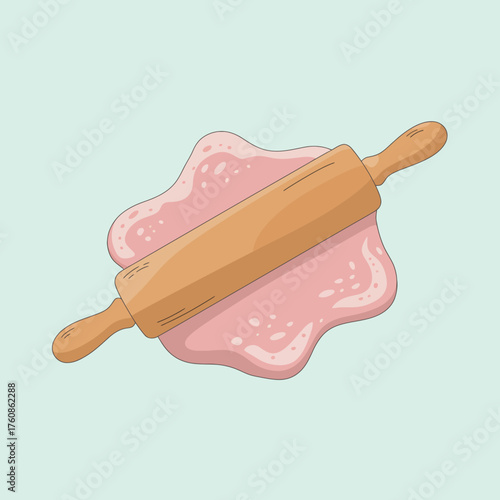 Vector art of rolling pin with pink dough for baking isolated on a light blue background
