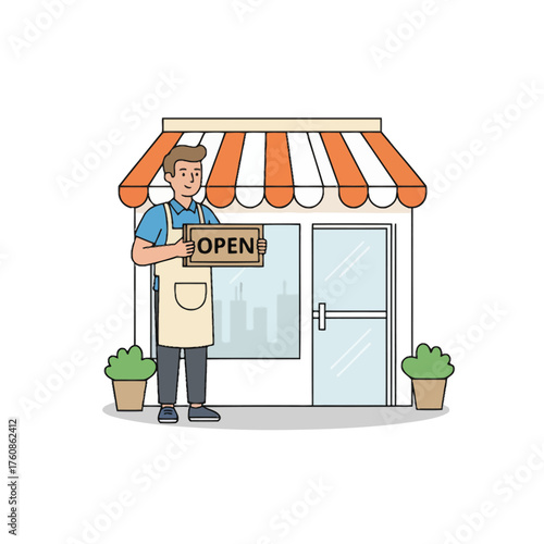 Shopkeeper Holding Open Sign Outside Small Storefront with Striped Awning and Potted Plants Keywords: shopkeeper, store, storefront, open sign, business, retail, small business, entrepreneur