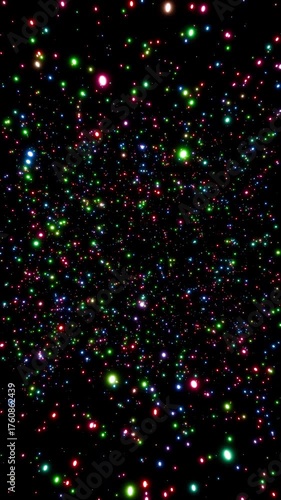 Vertical video parallax effect of glowing colored particles rotating seamlessly 3d render. Looping abstract rotating particle overlay for greetings, holidays, weddings, awards, Christmas