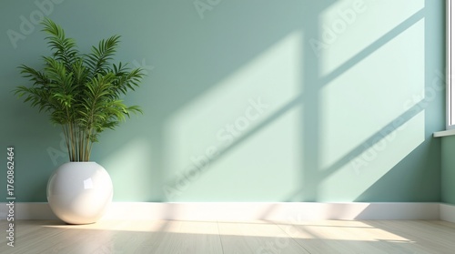 A green plant in a white pot, with sunlight casting shadows on a mint green wall and wooden floor.