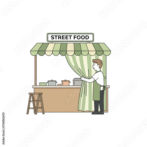 Street food vendor preparing food behind a stall with a striped awning food cart