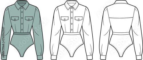 Women’s bodysuit shirt fashion illustration, technical flat sketch front and back, collared neckline, button down placket, chest flap pockets, garment design template vector