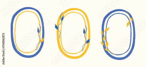 Hand drawn Italian postcard stamp set. Vintage Italy summer doodle border set. Whimsical minimal blue, yellow frames for menu, wedding, invitation. Coastal Isolated vector illustration.