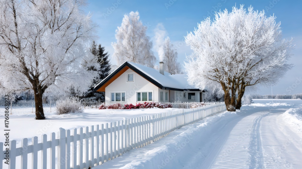 Naklejka premium Winter house with smoke coming from chimney