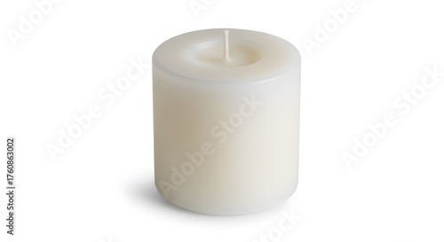 A Single White Pillar Candle on a White Background with Subtle Shadow