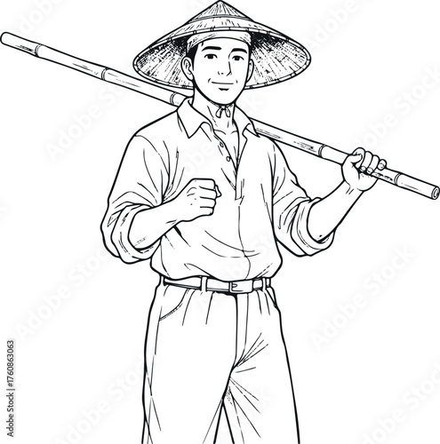 Cultivator in Traditional Attire: An illustration of a man with a traditional hat, carrying a bamboo pole, embodying the essence of rural life and cultural heritage.