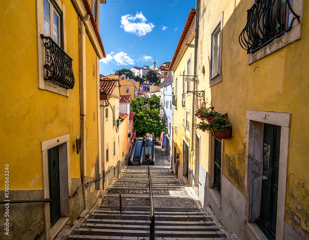 Fototapeta premium A vibrant street scene with steps leading upwards between colorful buildings