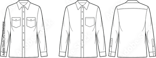 Long sleeve button up shirt technical flat sketch, fashion design template, garment technical drawing, front side back view, apparel vector illustration, clothing blueprint