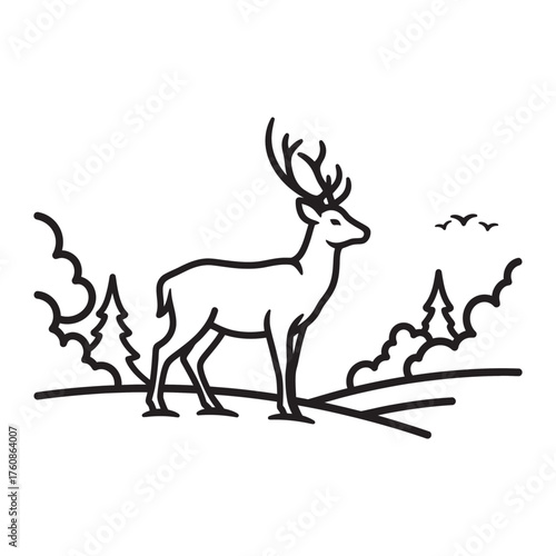Outline vector of a majestic deer in a forest landscape.