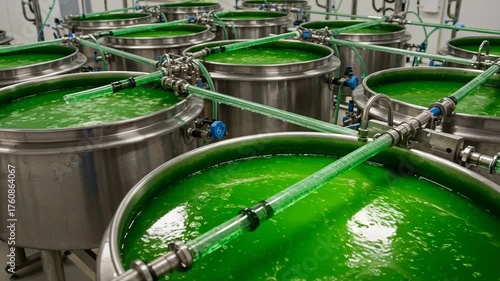 High-tech algae bioreactors in emerald tones for sustainable processing