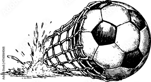 Soccer ball hitting the net in a vintage engraving style. Illustrated sports vector set with dramatic action and dynamic movement.