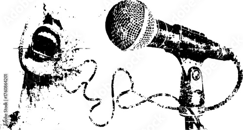 Microphone silhouette with a singing figure in retro style. Black and white vector illustration depicting loud vocal expression in detail.