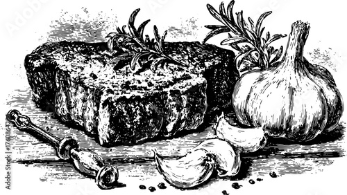 Hand-drawn engraving of meat, garlic, and rosemary. Vintage black outline vector illustration showcasing food ingredients in a retro style set.