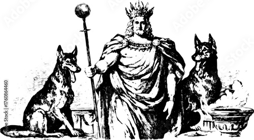 King figure with two dogs by his side. Vintage line drawing illustration in black and white vector style, depicting royalty with staff and crown in a set.