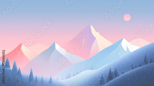 a flat illustration of snow-covered mountains, Sunrise over snowy mountain peaks with a clear sky and scenic landscape, a minimalist vector style, featuring soft edges and blurred details.