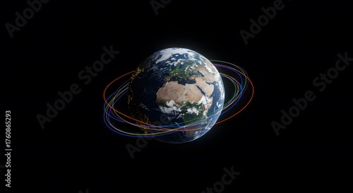 Abstract Earth Orbiting with Colorful Satellite Trails in Dark Space