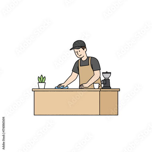 Barista cleaning counter at coffee shop with plant and grinder wiping