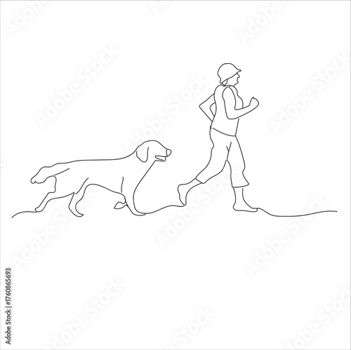 man running with dog. Scared man running away from dog. Dangerous animal chasing person