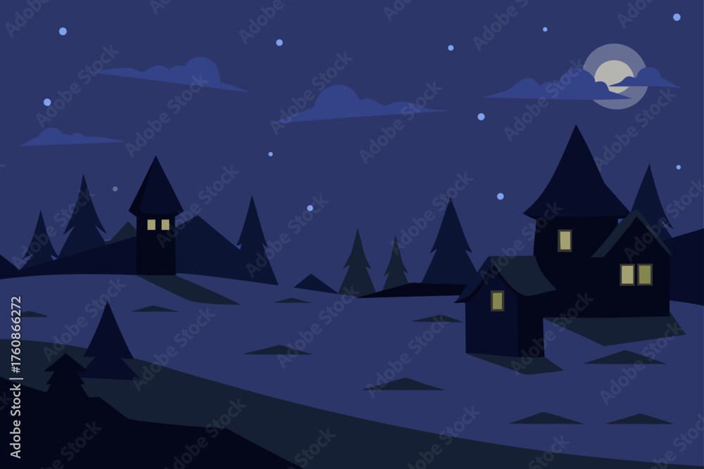 Fototapeta premium Flat design illustration of a village at night under a full moon
