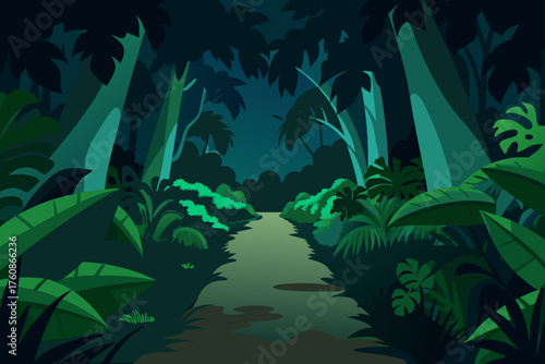 Mysterious jungle path at night with lush green foliage
