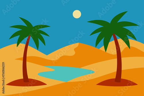 Desert oasis with palm trees and water under a sunny sky