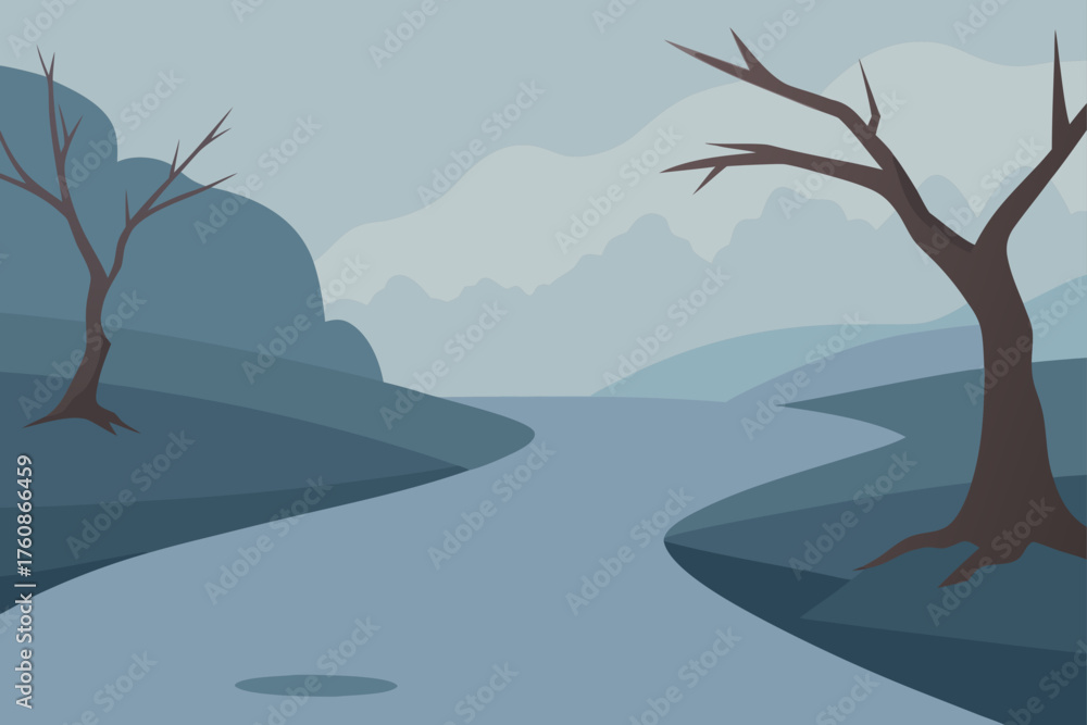 Fototapeta premium Serene landscape with winding river and bare trees in cool tones
