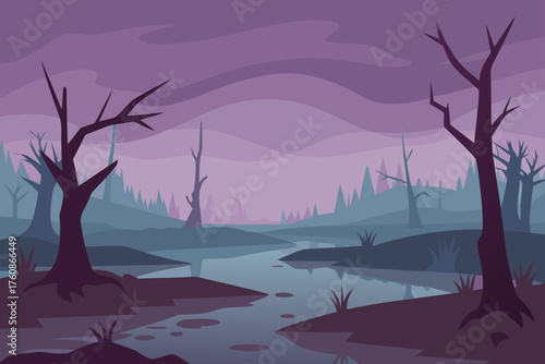 Mysterious twilight swamp landscape with bare trees and foggy atmosphere