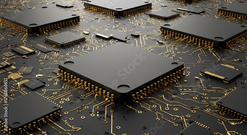 Advanced Microchips and Circuits on a Motherboard, Close-Up Macro View of Technology