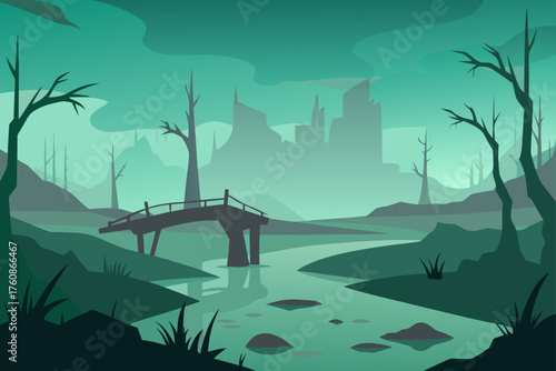 Eerie landscape with a bridge over a river and distant ruins
