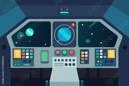 Futuristic spaceship cockpit with large screens and control panels