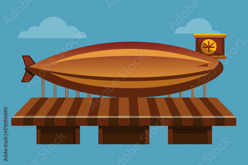 Vintage airship docked on a striped platform with clouds
