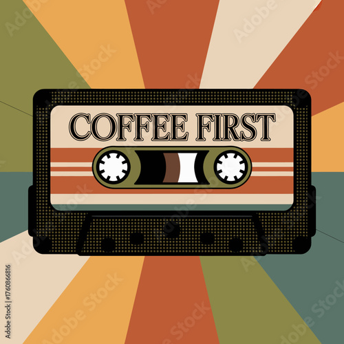 Retro cassette tape with coffee first text vintage 1970s style graphic design nostalgic music media element vector