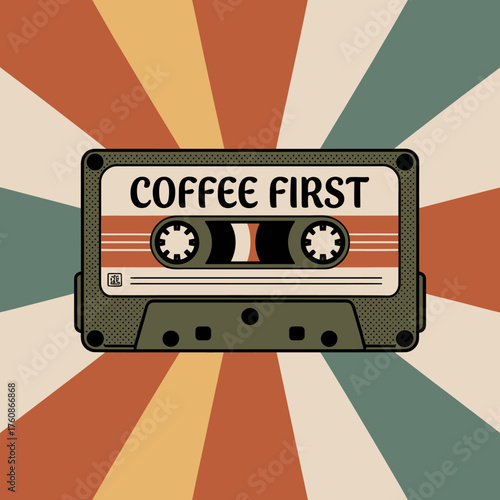 Retro coffee first cassette tape with vintage sunburst background for nostalgic coffee lover design vector