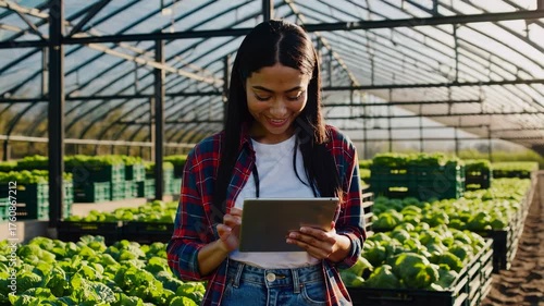Woman holding tablet in greenhouse. Data collected from field used for growth analysis. Tablet shows field metrics. Modern tablet tools help control field and data performance inside greenhouse.