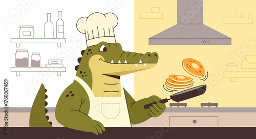 Alligator Chef Making Pancakes In Minimalist Kitchen Illustration
