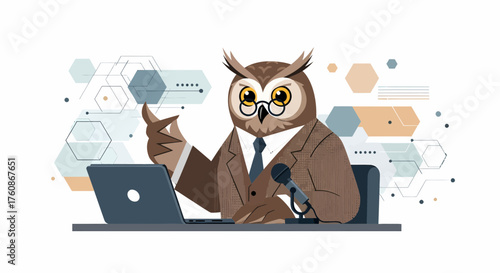 Cartoon Owl Presenter With Laptop Giving Speech At Conference Table