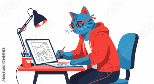 Cat Designer Working On New Digital Art Project Cartoon Style