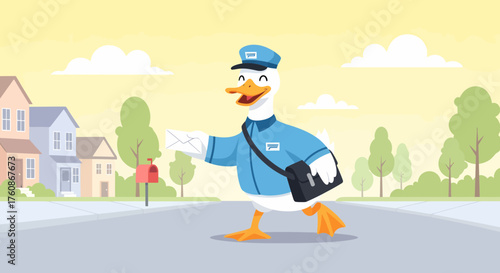Cartoon Duck Mailman Delivering Letter In A Suburban Neighborhood