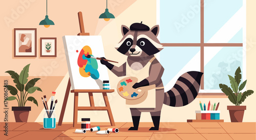 Creative Raccoon Artist Painting On Canvas In Studio Illustration