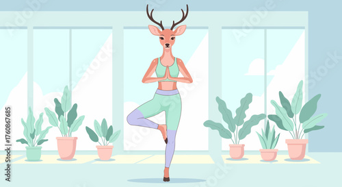 Deer Woman Practicing Yoga Tree Pose Indoor Surrounded By Potted Plants