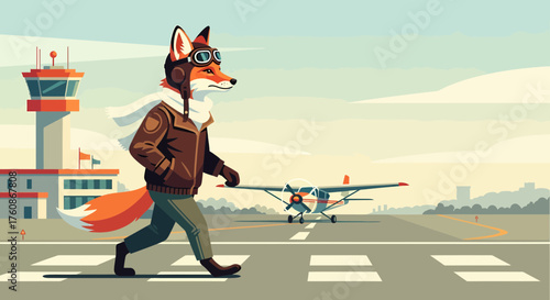 Fox Aviator Striding Confidently Along the Tarmac Toward Small Plane