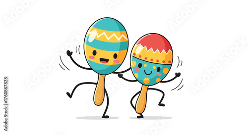 Two cute cartoon maracas with happy faces dancing and making music together, isolated on a white background.