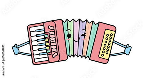 Cute cartoon accordion with a smiling face and pastel colors, musical instrument illustration.